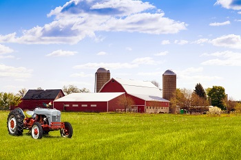 farm with red tractor